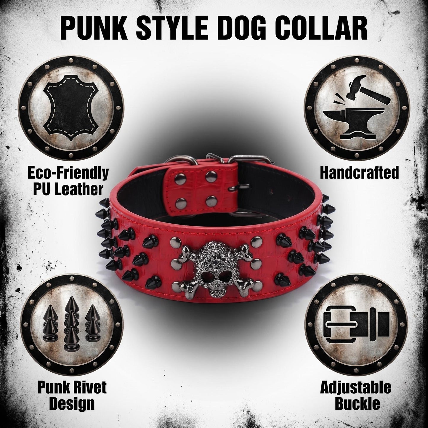 Red Leather Skull Studded Dog Collar