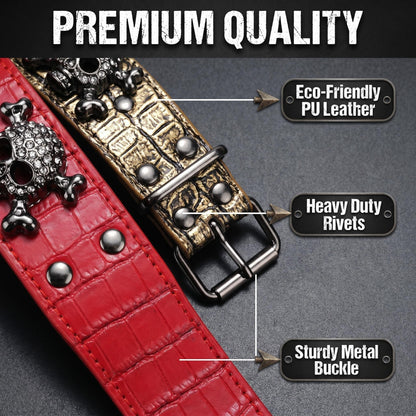 Red Leather Skull Studded Dog Collar