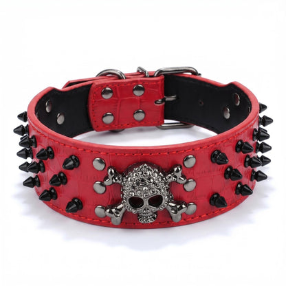 Red Leather Skull Studded Dog Collar