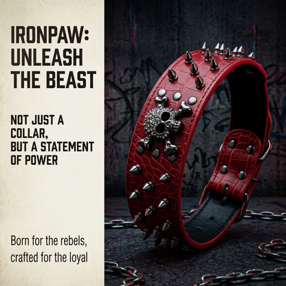 Red Leather Skull Studded Dog Collar