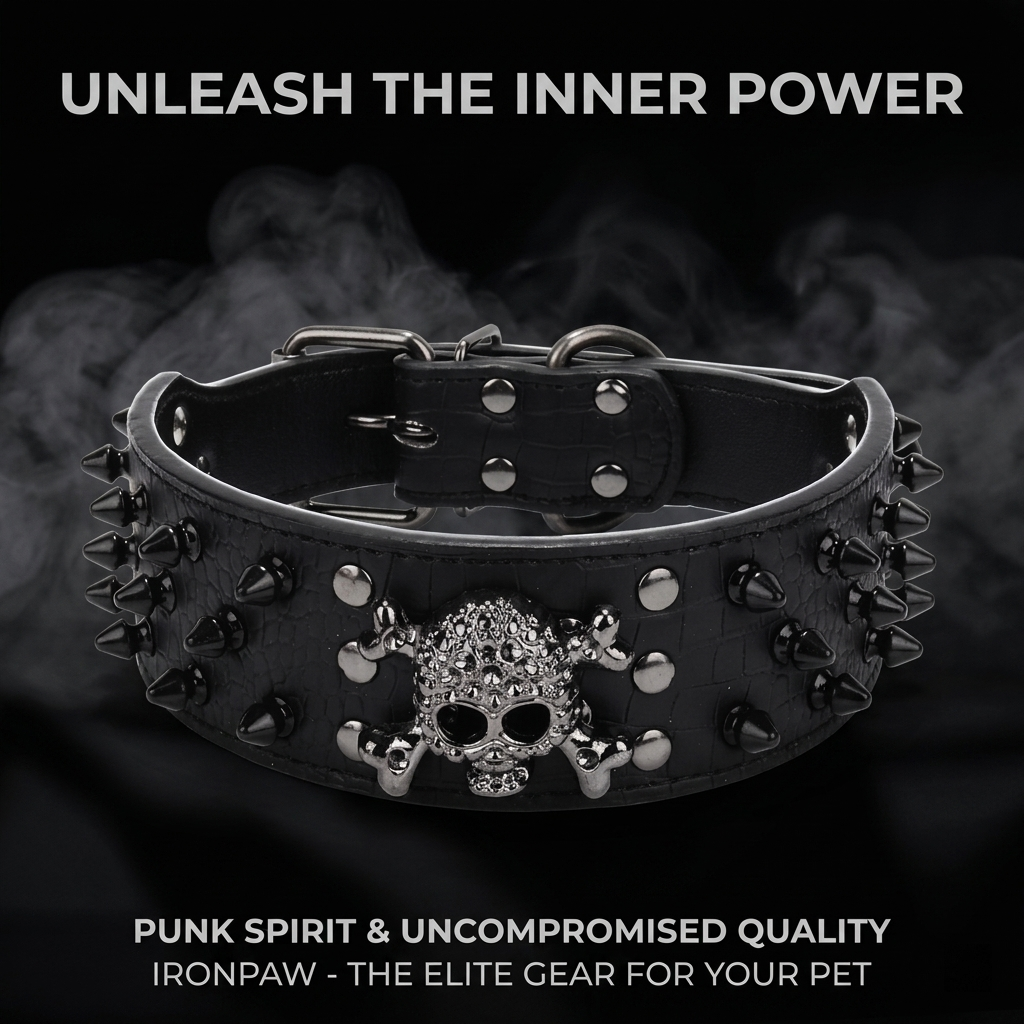 Black Leather Skull Studded Dog Collar