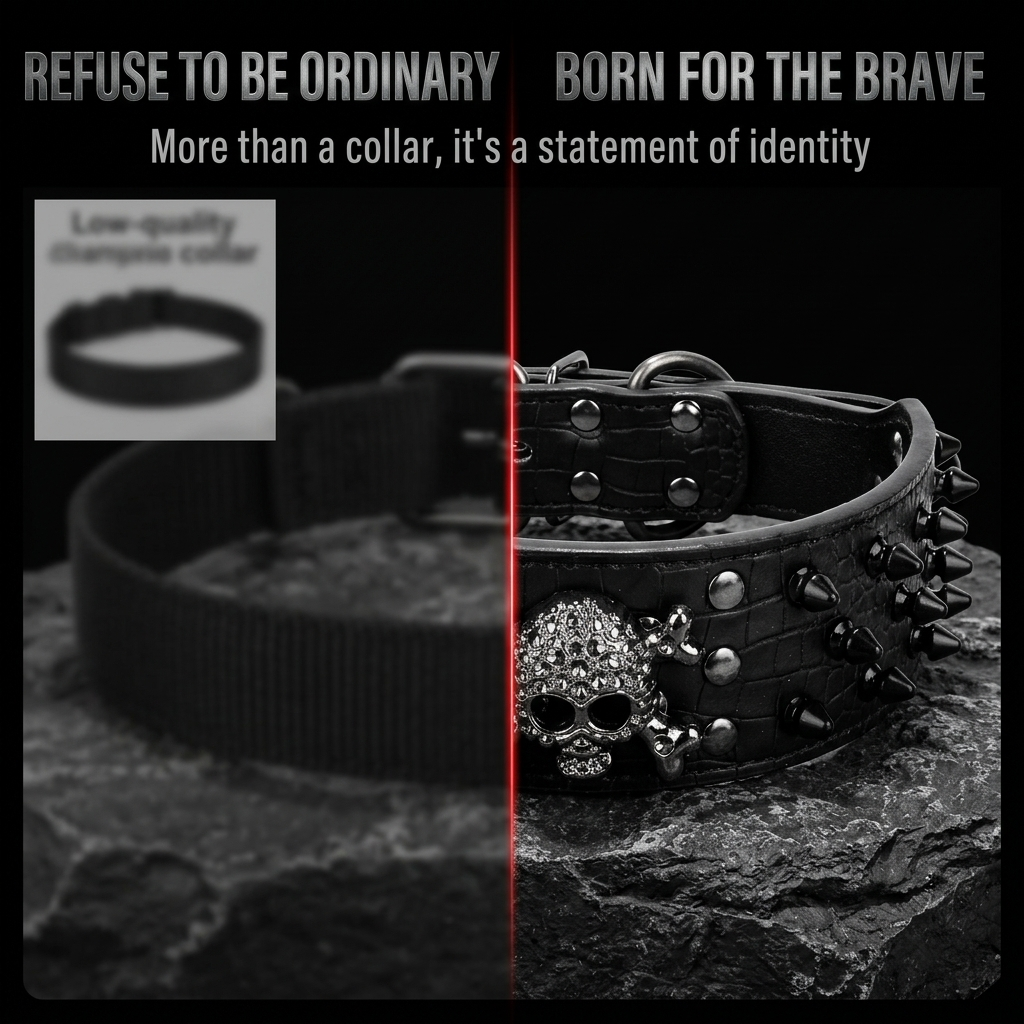 Black Leather Skull Studded Dog Collar