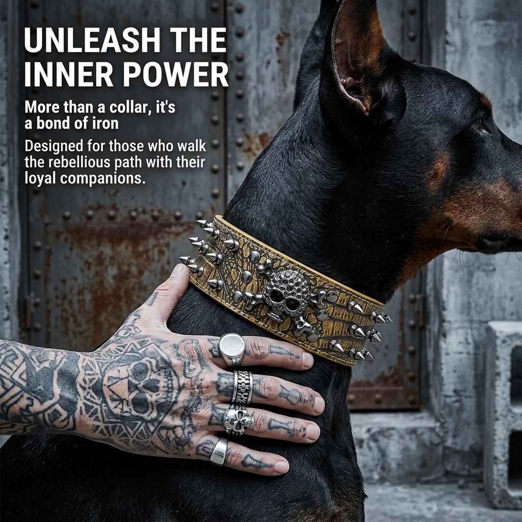 Tan & White Skull Studded Dog Collar