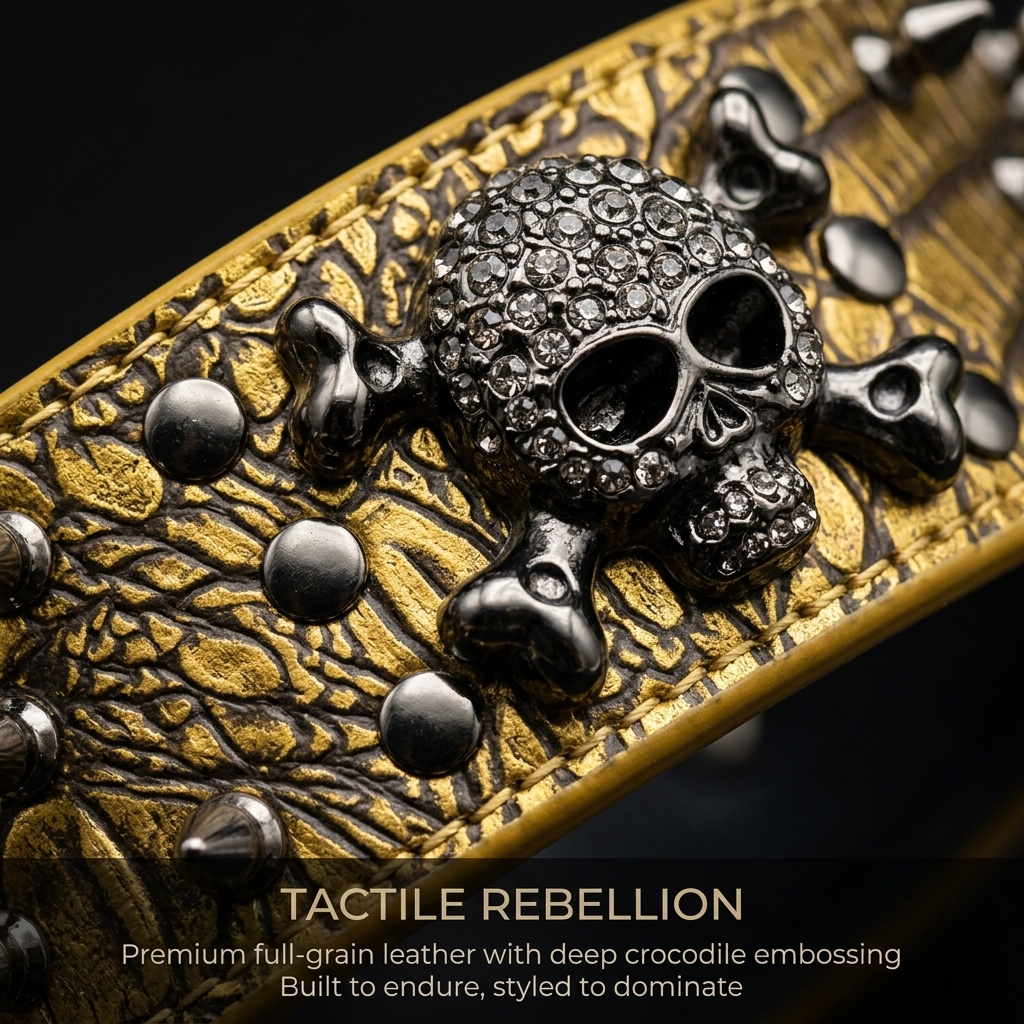 Tan & White Skull Studded Dog Collar