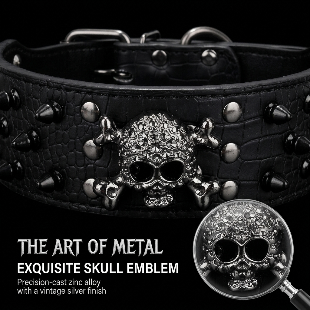 Black Leather Skull Studded Dog Collar