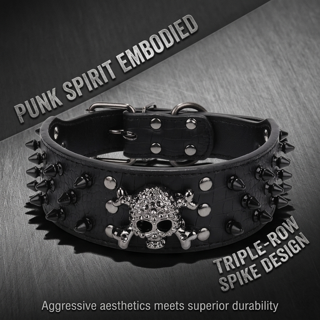 Black Leather Skull Studded Dog Collar