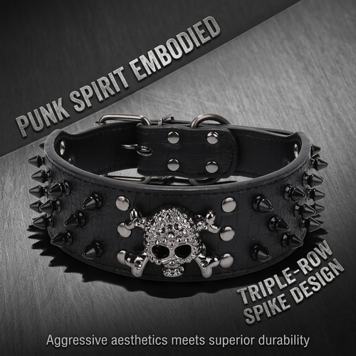 Black Leather Skull Studded Dog Collar