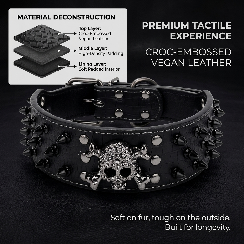 Black Leather Skull Studded Dog Collar