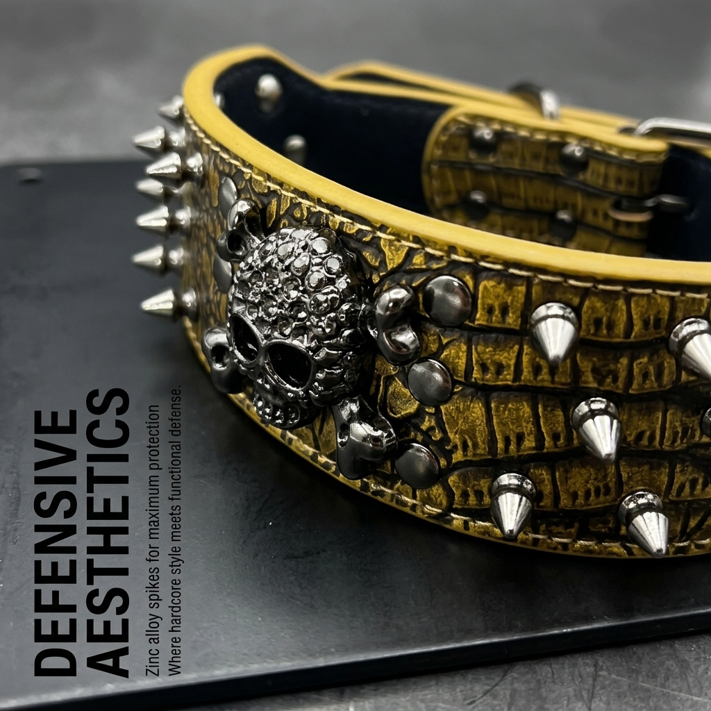 Tan & White Skull Studded Dog Collar