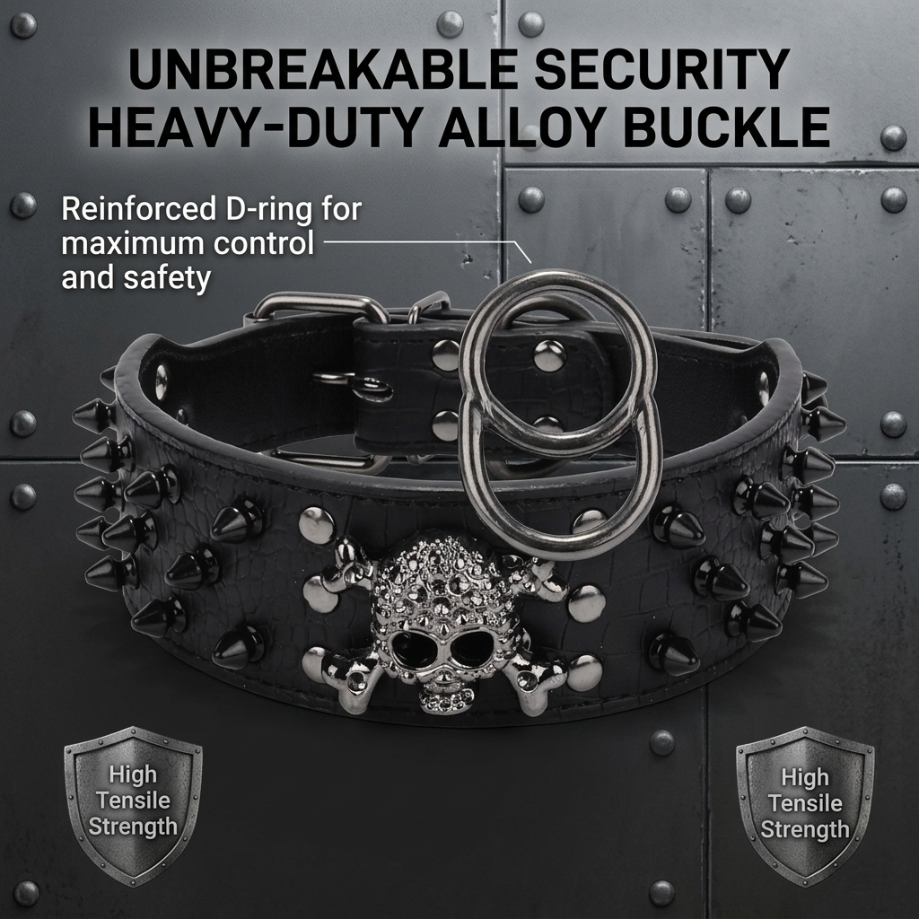 Black Leather Skull Studded Dog Collar