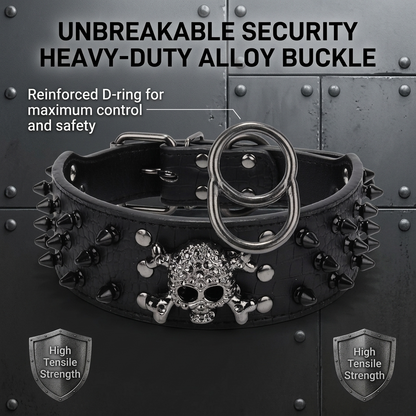 Black Leather Skull Studded Dog Collar