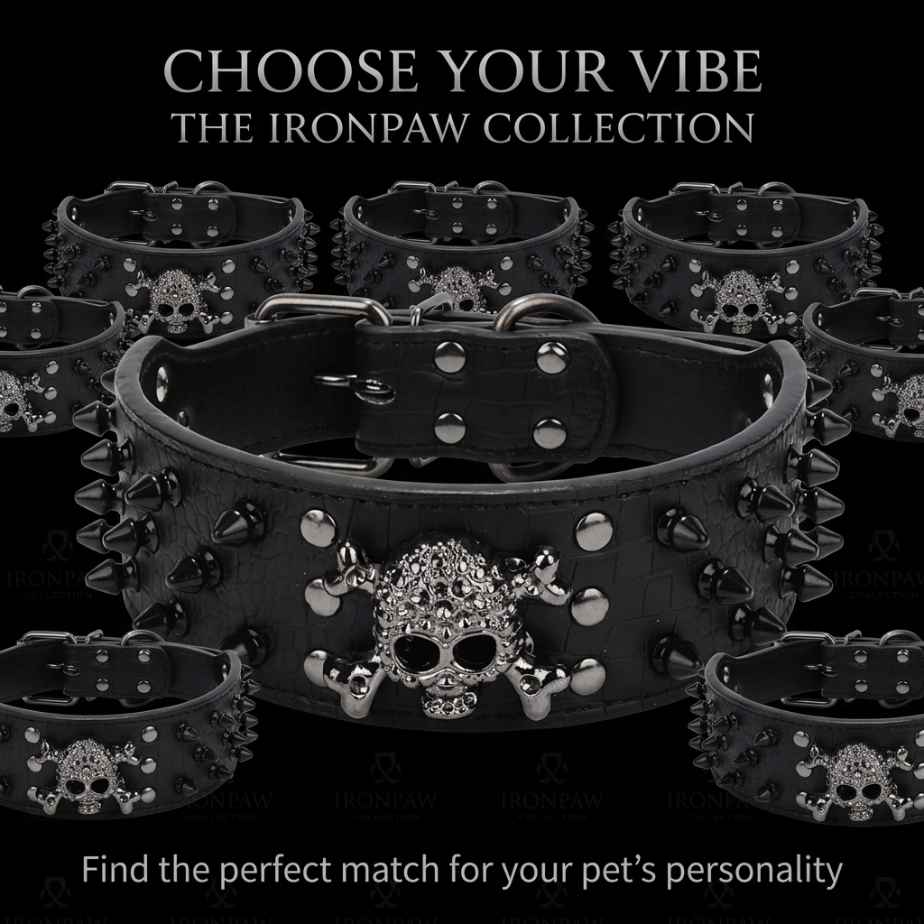 Black Leather Skull Studded Dog Collar