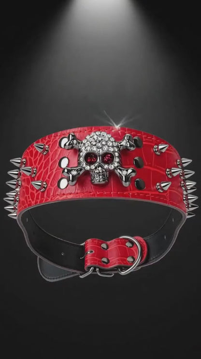 Red Leather Skull Studded Dog Collar