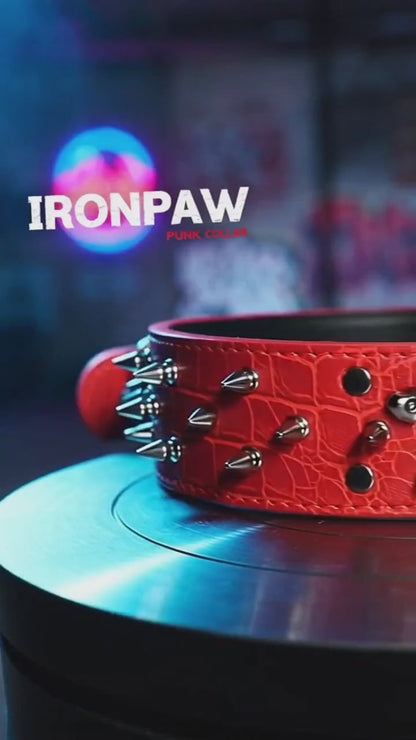 Red Leather Skull Studded Dog Collar
