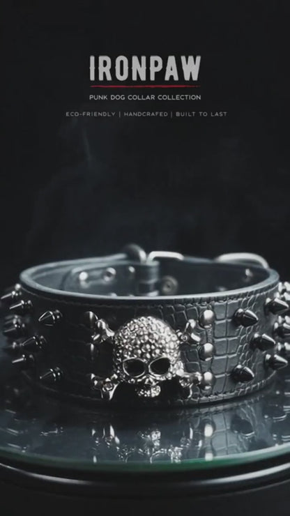 Black Leather Skull Studded Dog Collar