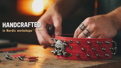Red Leather Skull Studded Dog Collar