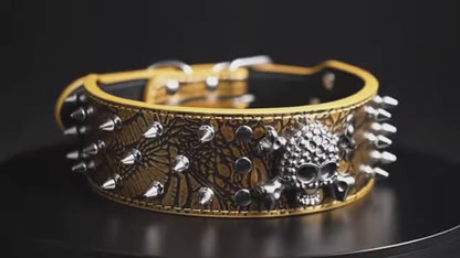 Tan & White Skull Studded Dog Collar