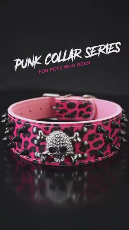 Pink & Black Skull Studded Dog Collar