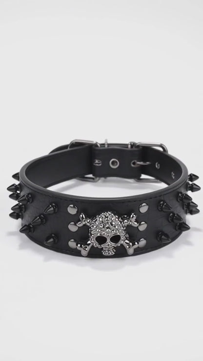 Black Leather Skull Studded Dog Collar