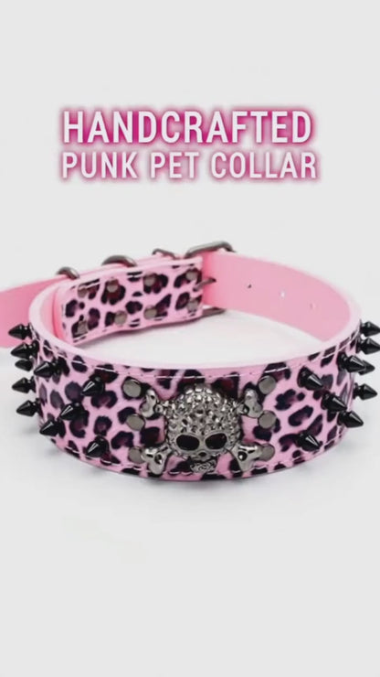 Pink & Black Skull Studded Dog Collar